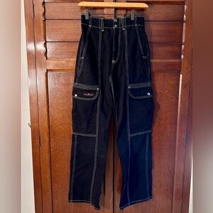 BDJ high waisted skate jeans black denim with white topstitch